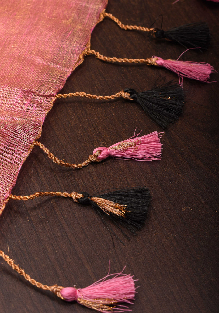 Pink Tissue Linen Saree with Contrasting Zari Border and Pallu