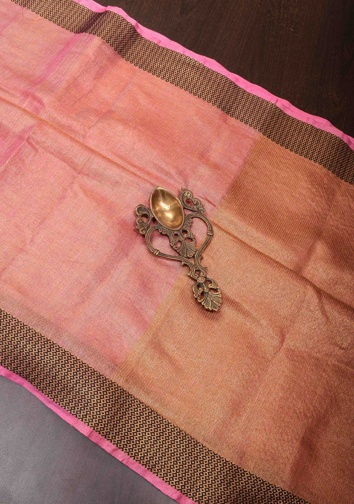 Pink Tissue Linen Saree with Contrasting Zari Border and Pallu