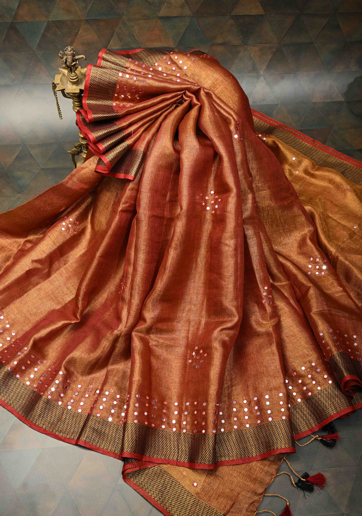Rust Brown Tissue Linen Saree with dual Mirror Work