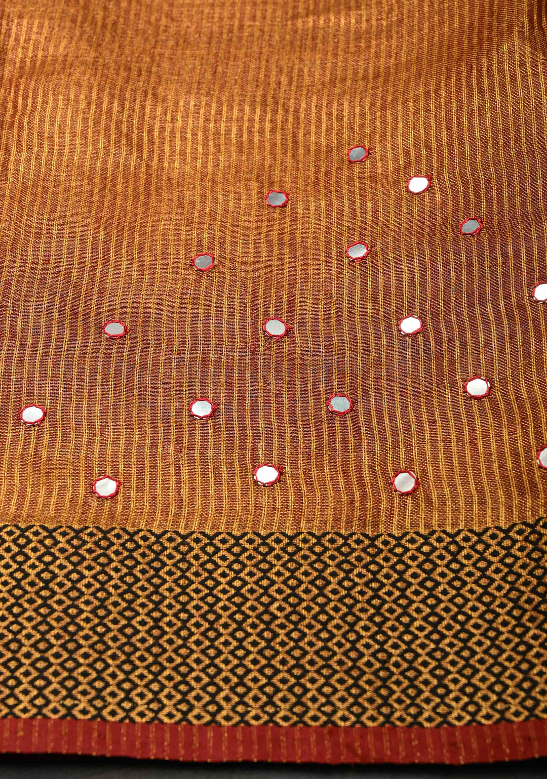 Rust Brown Tissue Linen Saree with dual Mirror Work