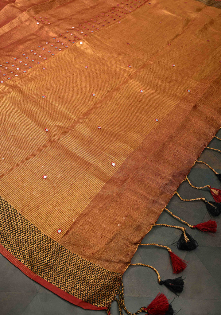 Rust Brown Tissue Linen Saree with dual Mirror Work