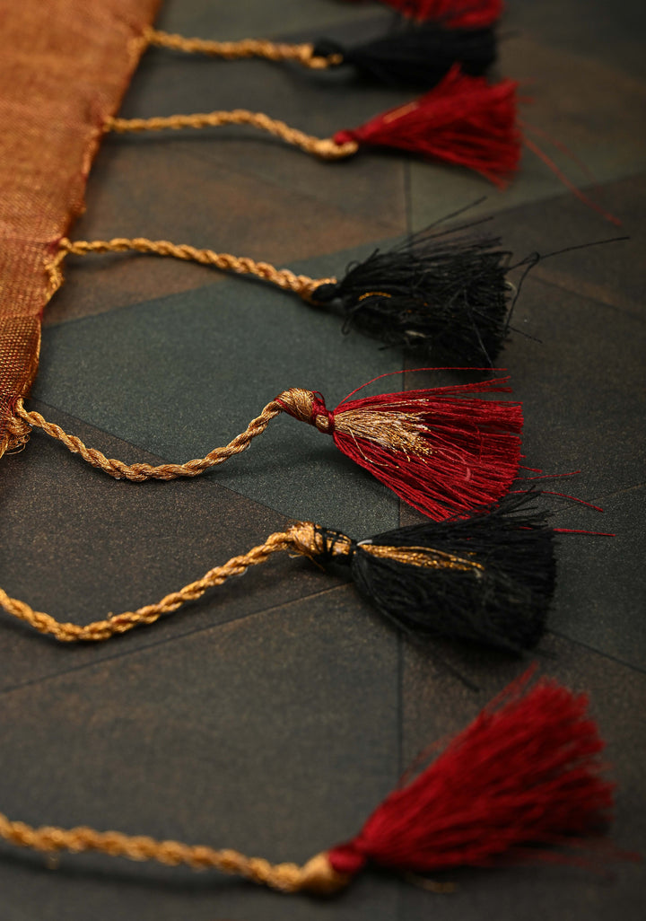Rust Brown Tissue Linen Saree with dual Mirror Work