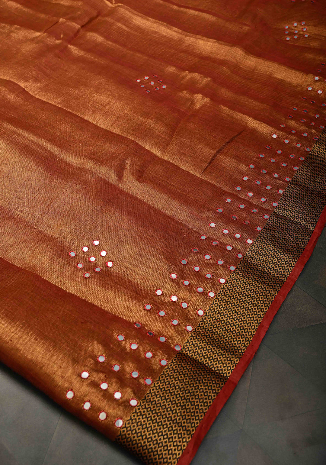 Rust Brown Tissue Linen Saree with dual Mirror Work