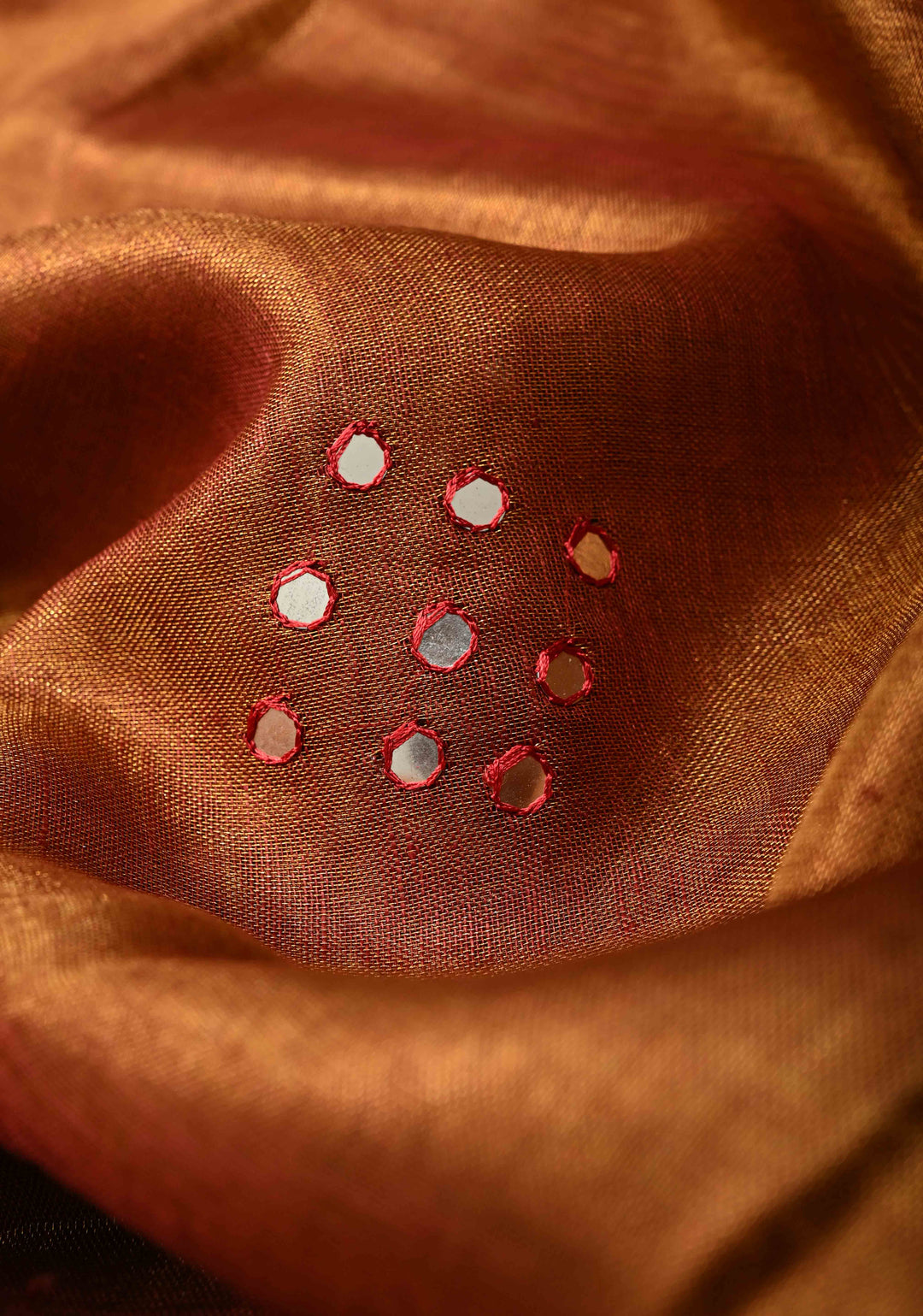 Rust Brown Tissue Linen Saree with dual Mirror Work
