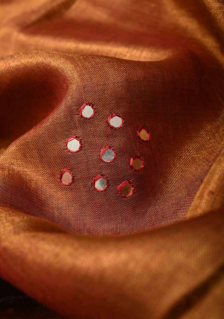 Rust Brown Tissue Linen Saree with dual Mirror Work