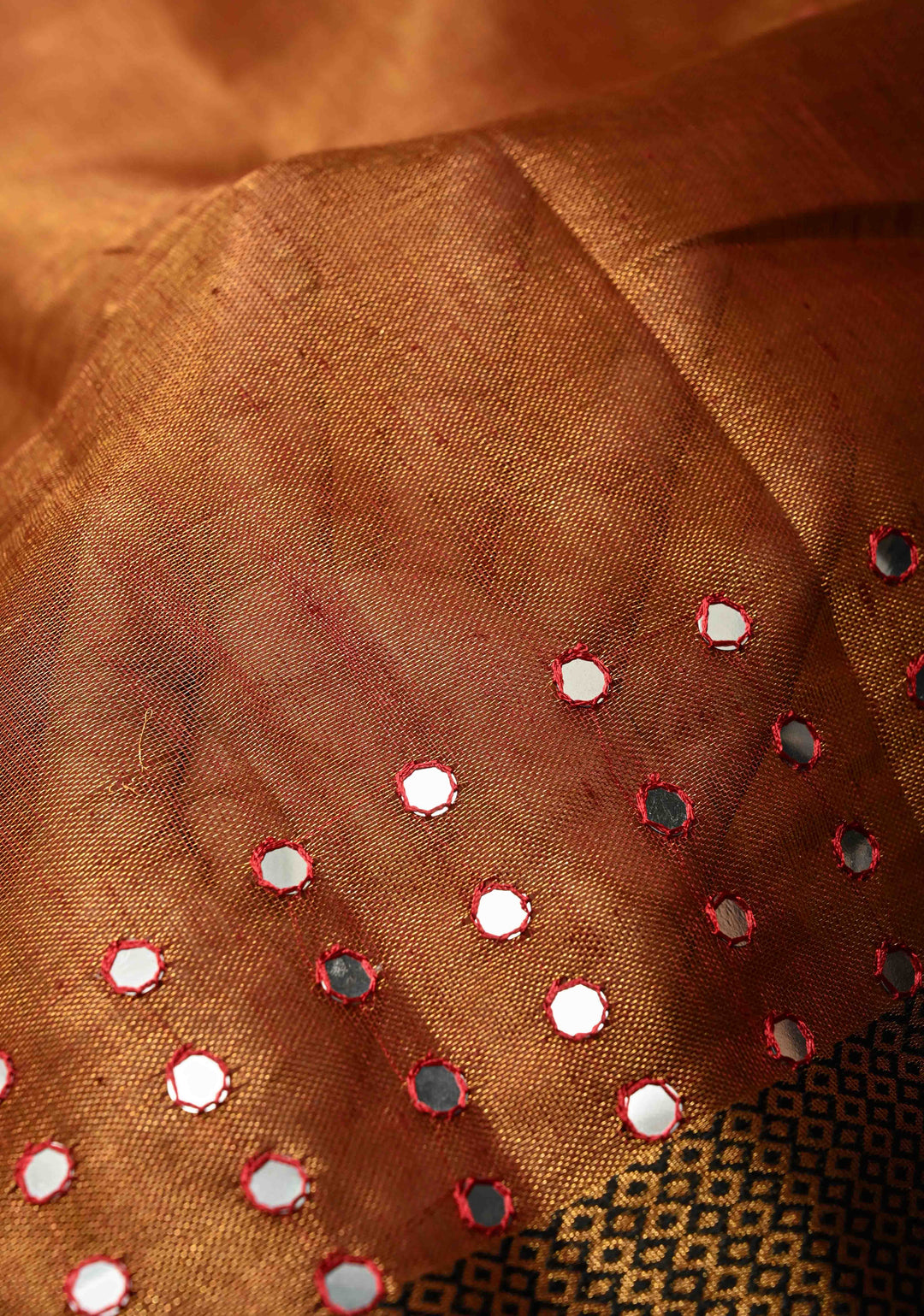 Rust Brown Tissue Linen Saree with dual Mirror Work