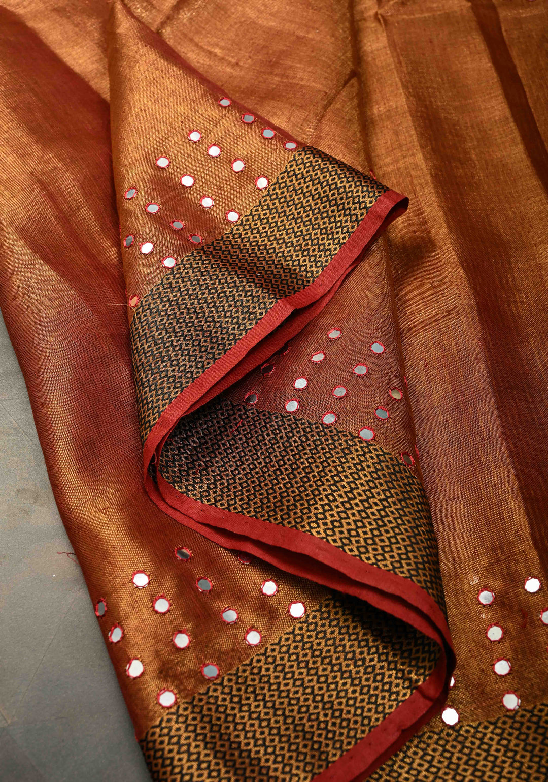 Rust Brown Tissue Linen Saree with dual Mirror Work