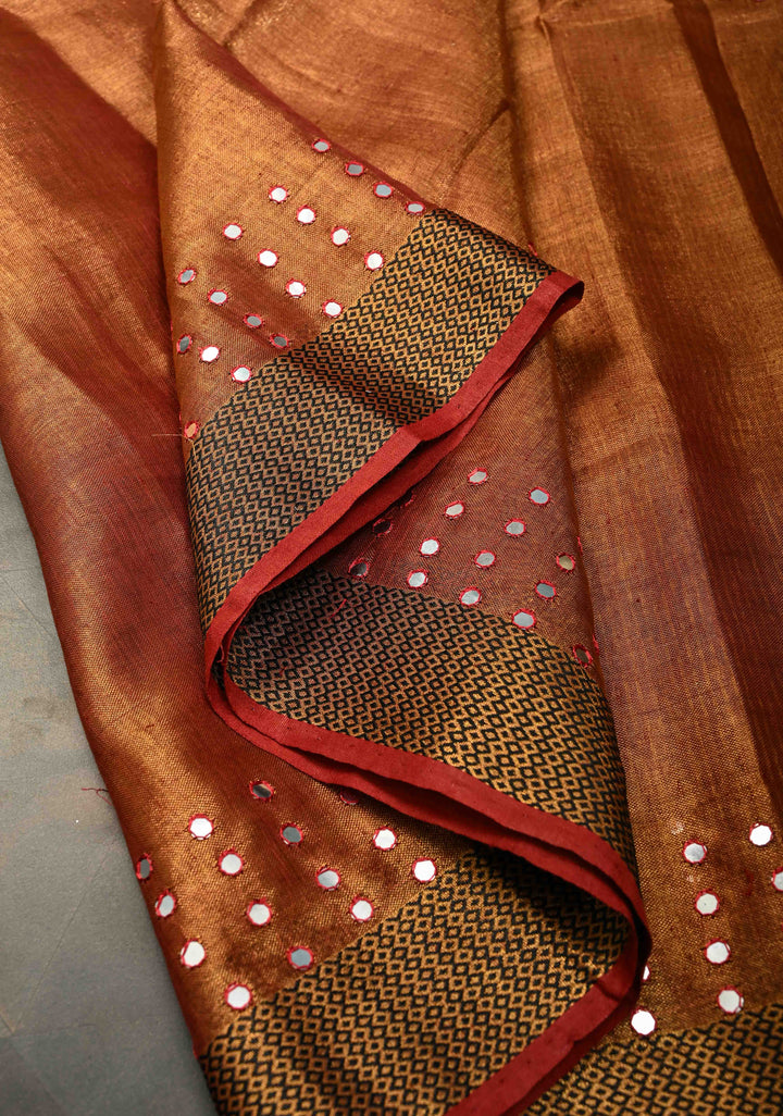 Rust Brown Tissue Linen Saree with dual Mirror Work