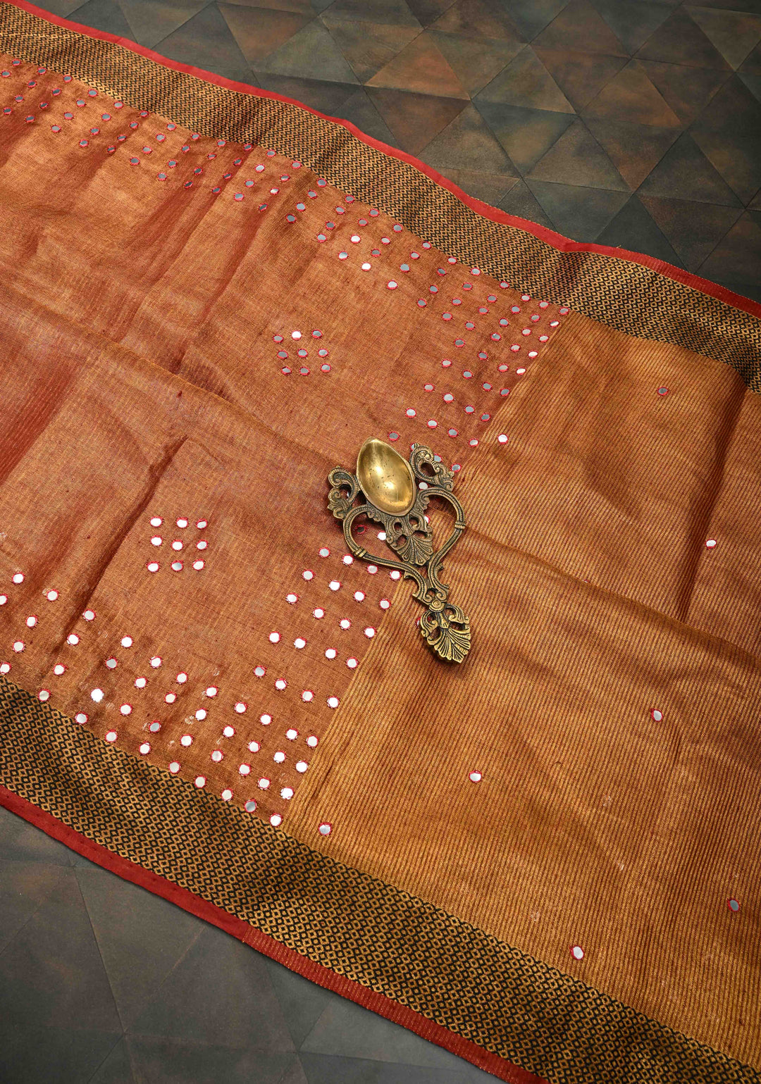 Rust Brown Tissue Linen Saree with dual Mirror Work