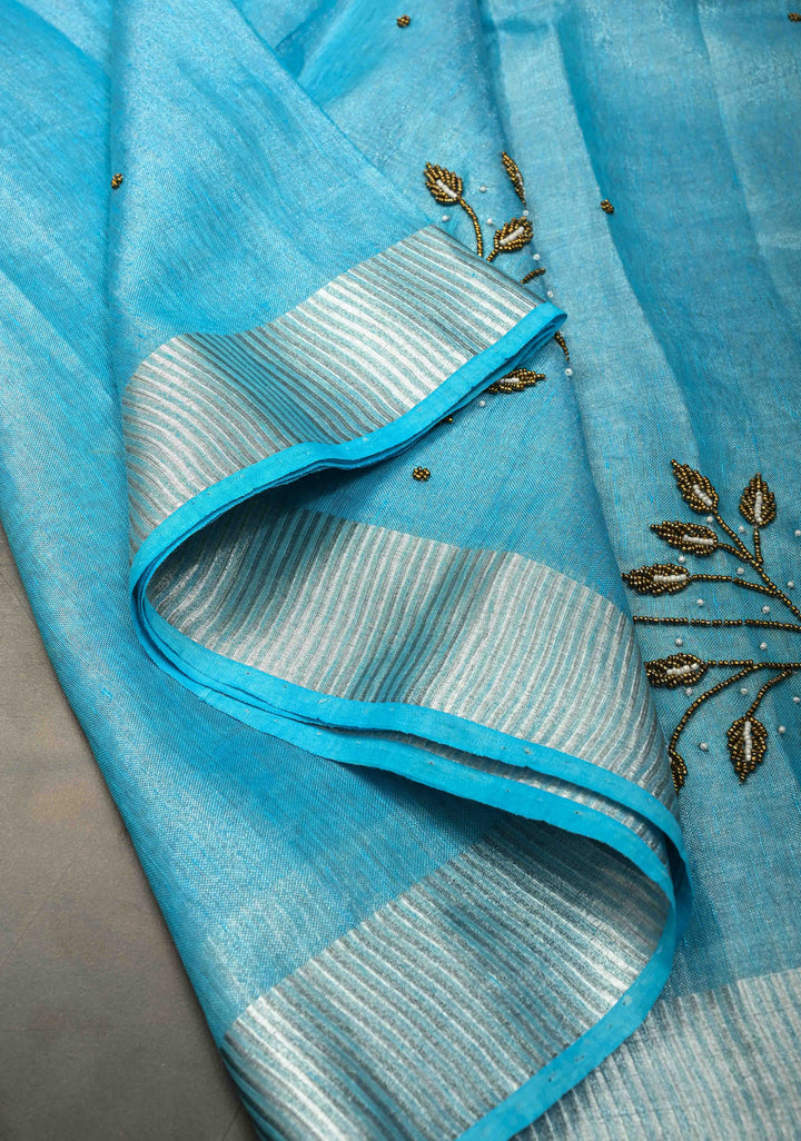 Azure Blue Tissue Saree with Bead and embroidery handwork