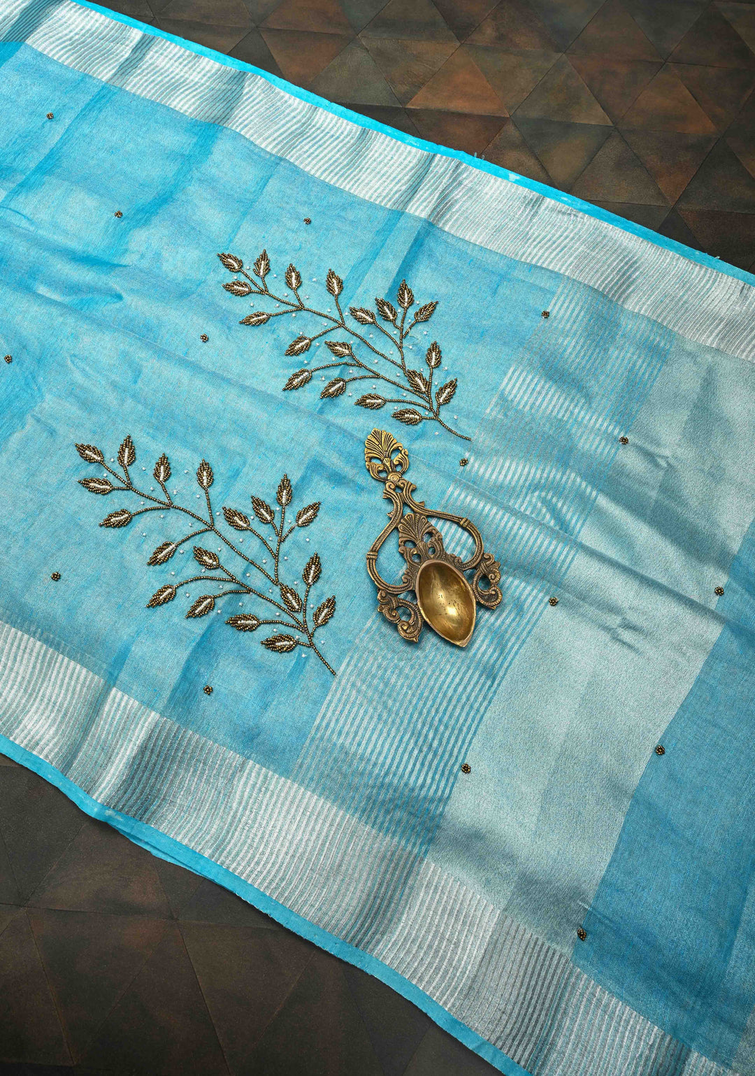 Azure Blue Tissue Saree with Bead and embroidery handwork