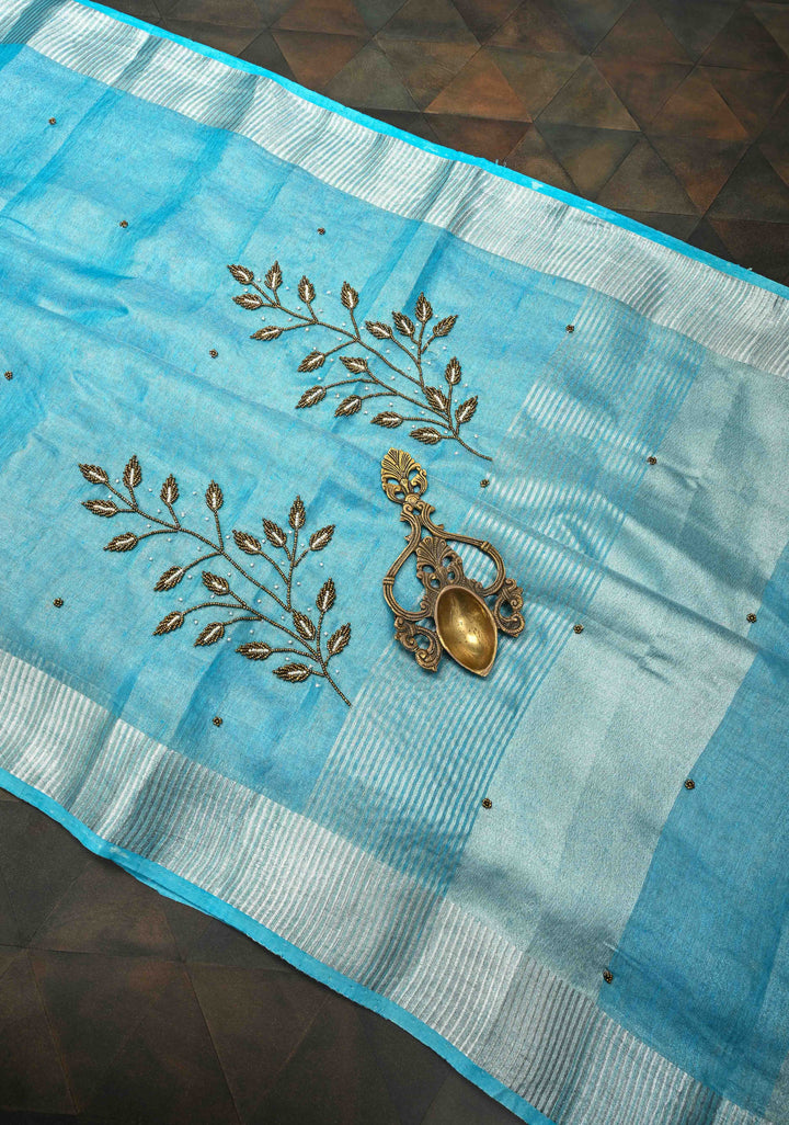 Azure Blue Tissue Saree with Bead and embroidery handwork