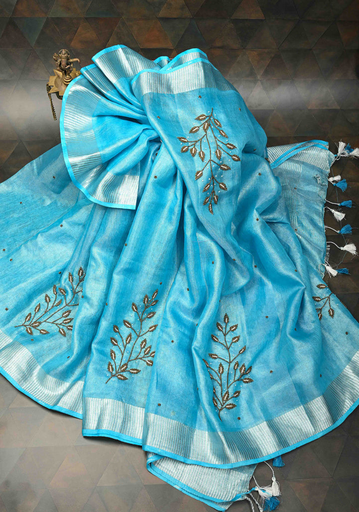 Azure Blue Tissue Saree with Bead and embroidery handwork