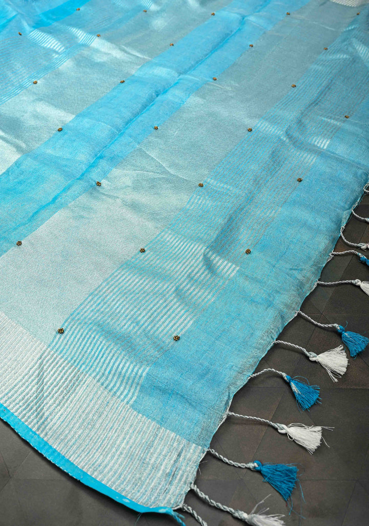 Azure Blue Tissue Saree with Bead and embroidery handwork