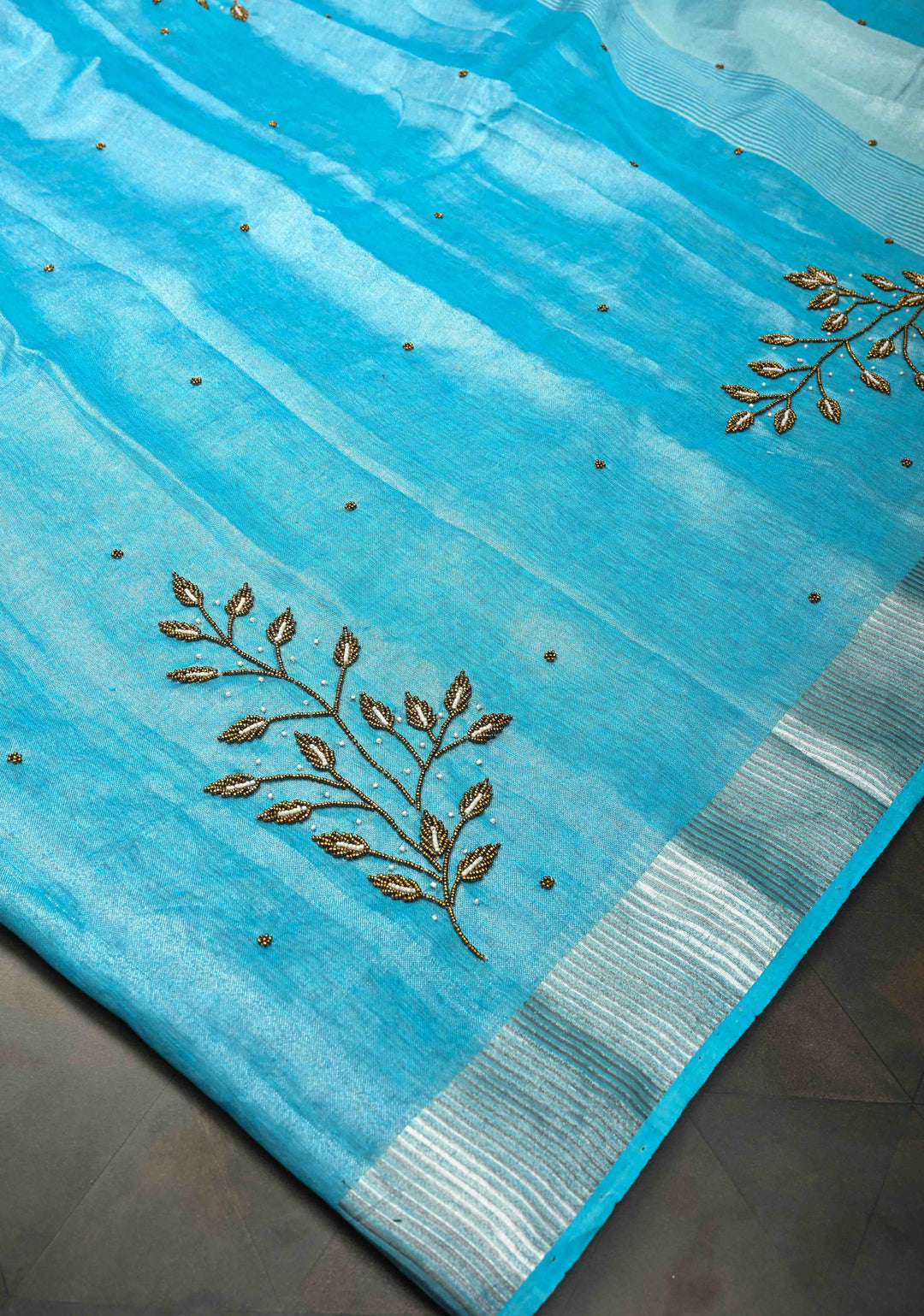 Azure Blue Tissue Saree with Bead and embroidery handwork