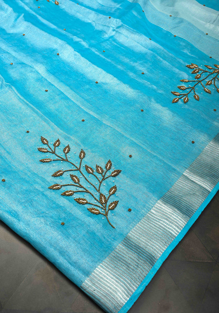 Azure Blue Tissue Saree with Bead and embroidery handwork