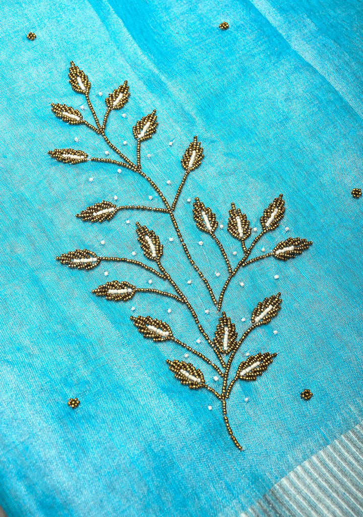 Azure Blue Tissue Saree with Bead and embroidery handwork