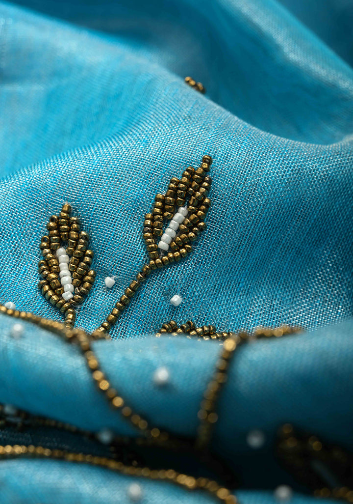 Azure Blue Tissue Saree with Bead and embroidery handwork