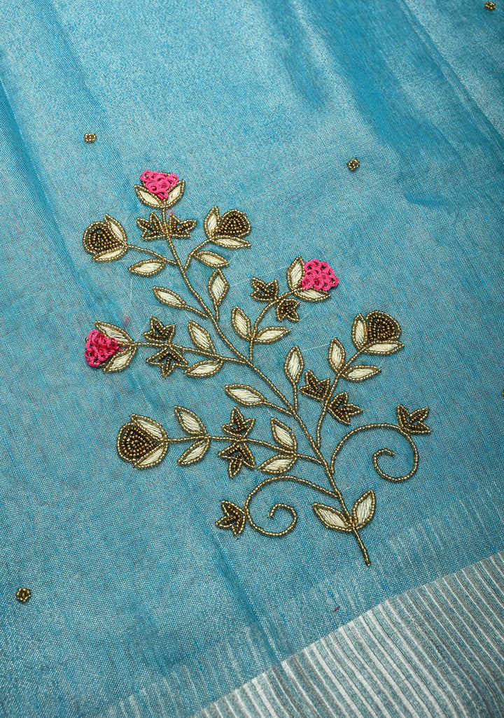 Hand Beadwork on Tissue Linen Saree in Sky Blue with Silver Tissue