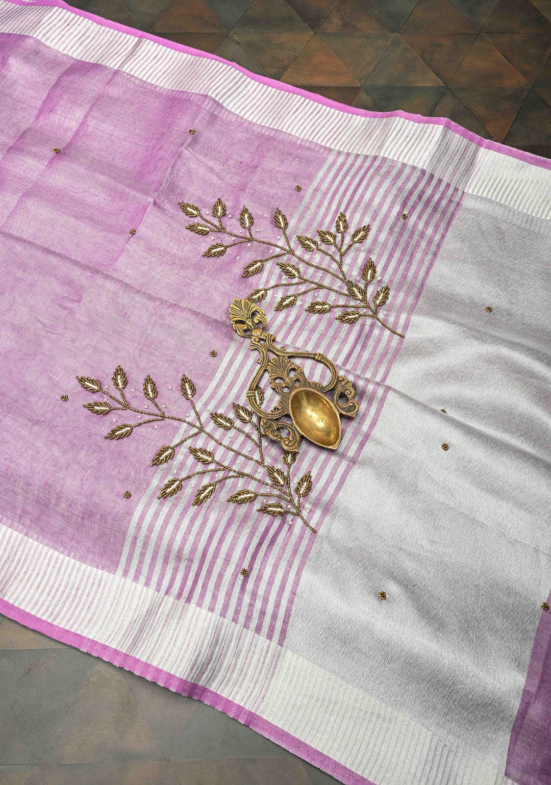 Hand Beadwork on Tissue Linen Saree in Lavender with Silver Tissue