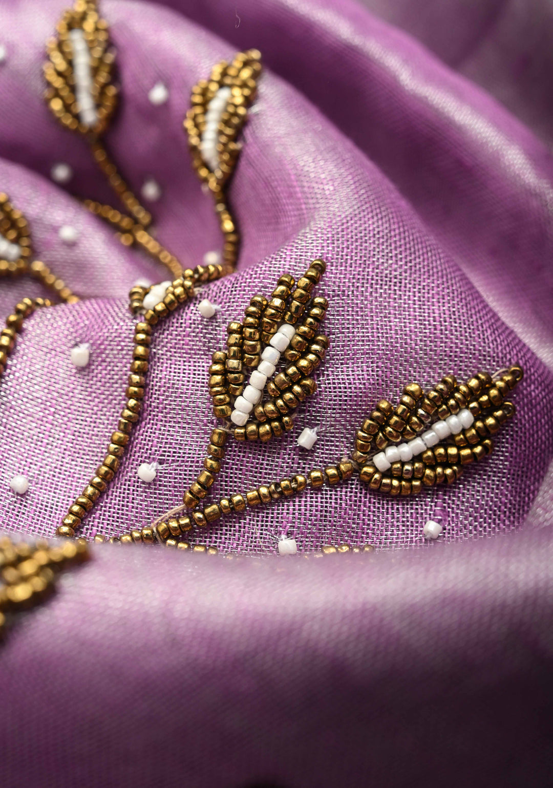 Hand Beadwork on Tissue Linen Saree in Lavender with Silver Tissue