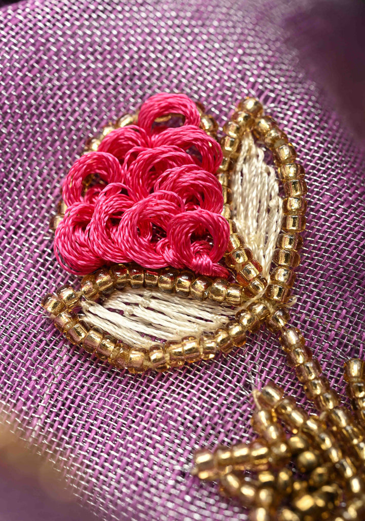 Hand Embroidery Beadwork on Tissue Linen Saree in Lavender with Silver Tissue