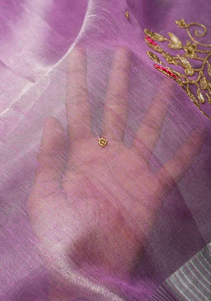Hand Embroidery Beadwork on Tissue Linen Saree in Lavender with Silver Tissue
