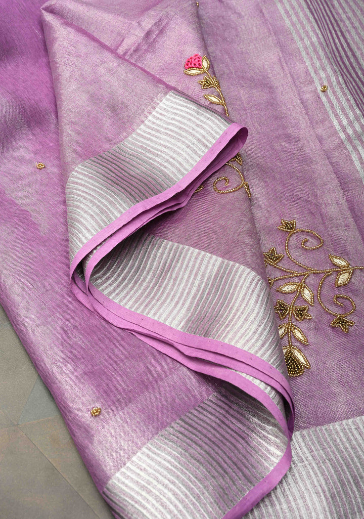 Hand Embroidery Beadwork on Tissue Linen Saree in Lavender with Silver Tissue
