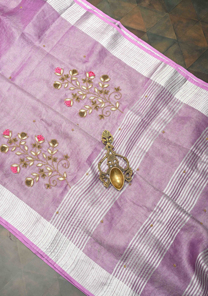 Hand Embroidery Beadwork on Tissue Linen Saree in Lavender with Silver Tissue