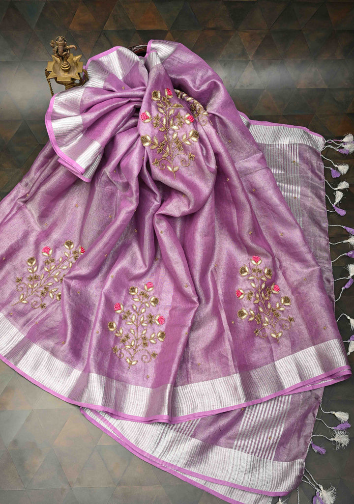 Hand Embroidery Beadwork on Tissue Linen Saree in Lavender with Silver Tissue