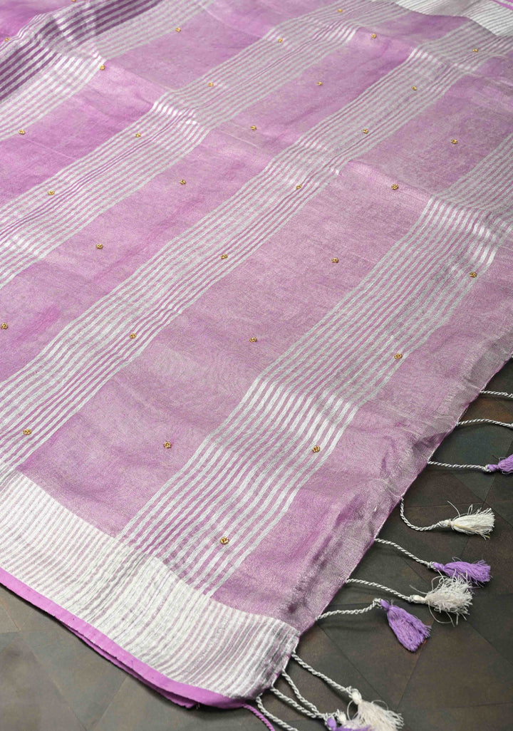 Hand Embroidery Beadwork on Tissue Linen Saree in Lavender with Silver Tissue