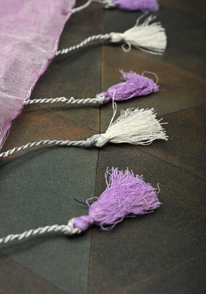 Hand Embroidery Beadwork on Tissue Linen Saree in Lavender with Silver Tissue