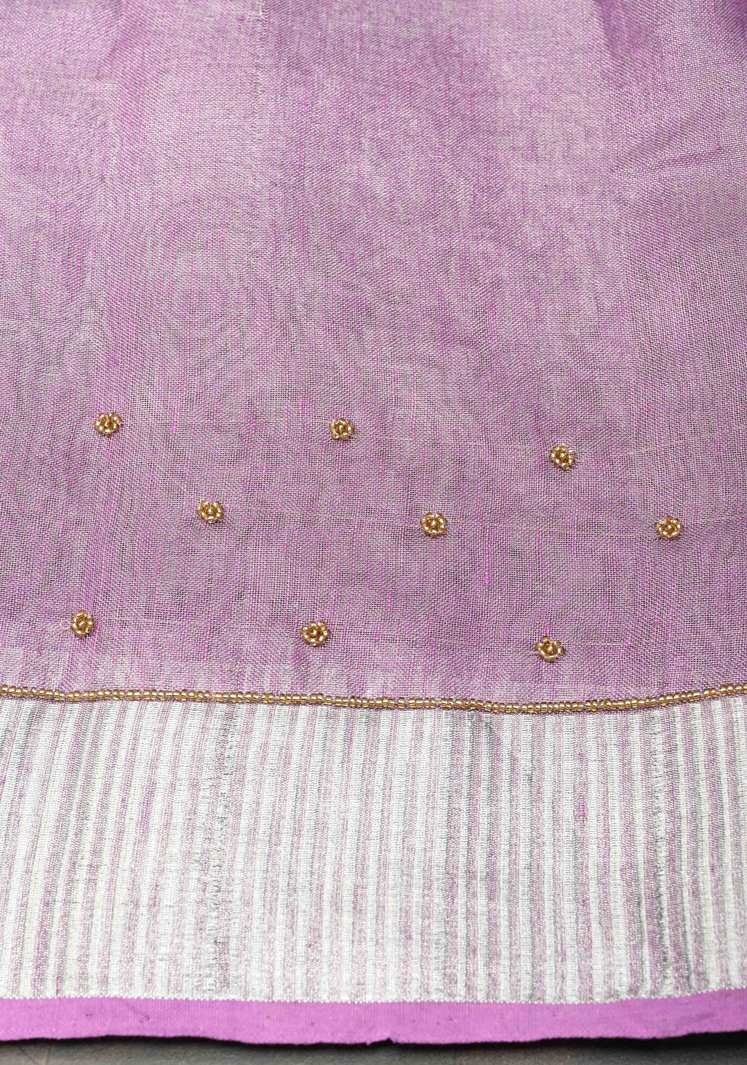 Hand Embroidery Beadwork on Tissue Linen Saree in Lavender with Silver Tissue