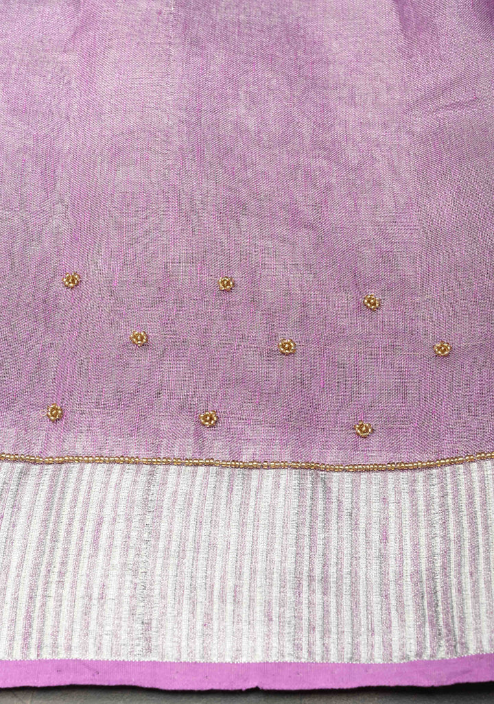Hand Embroidery Beadwork on Tissue Linen Saree in Lavender with Silver Tissue