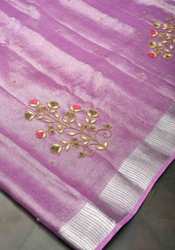 Hand Embroidery Beadwork on Tissue Linen Saree in Lavender with Silver Tissue