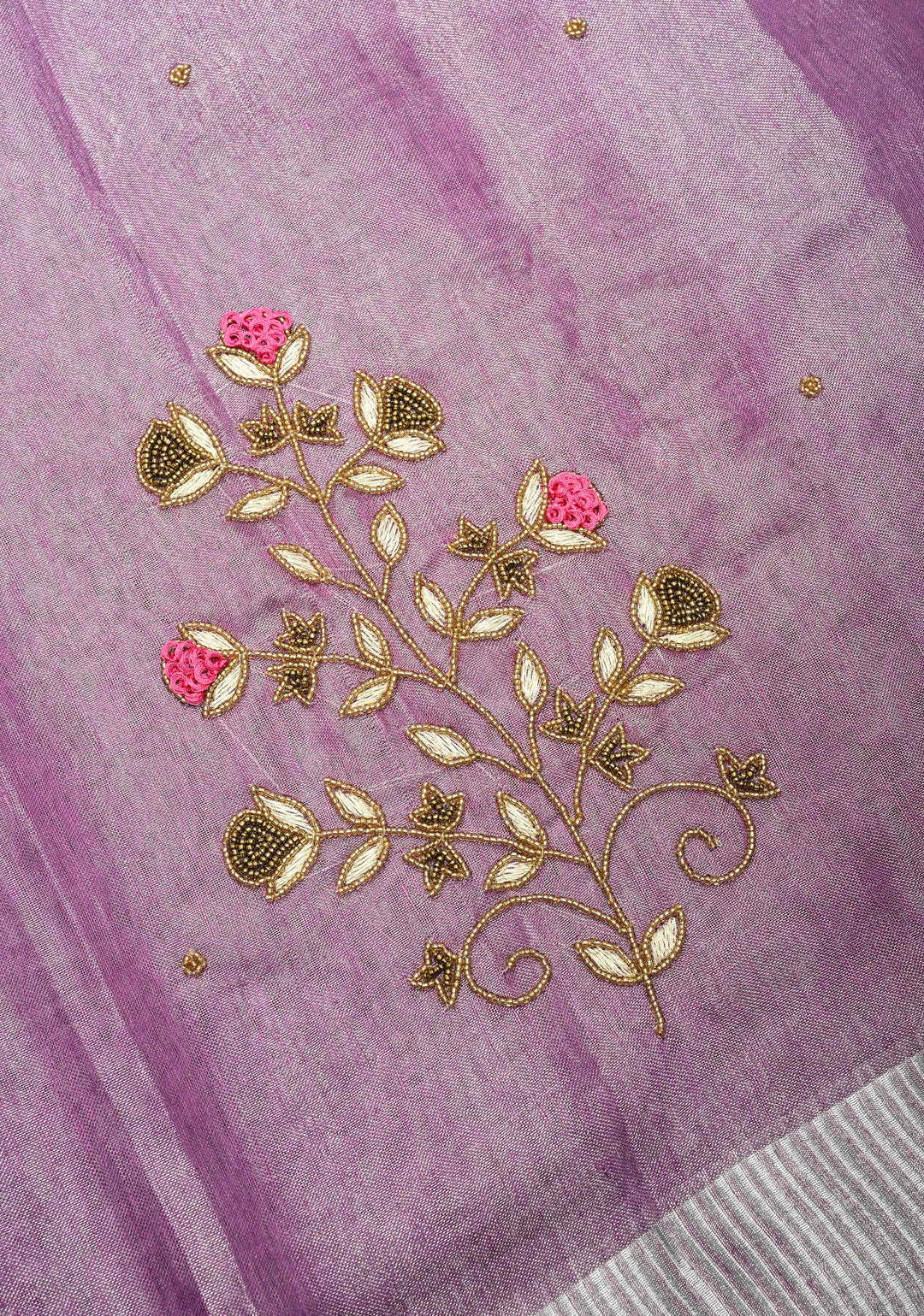 Hand Embroidery Beadwork on Tissue Linen Saree in Lavender with Silver Tissue