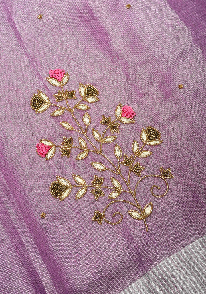 Hand Embroidery Beadwork on Tissue Linen Saree in Lavender with Silver Tissue