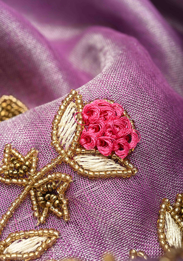 Hand Embroidery Beadwork on Tissue Linen Saree in Lavender with Silver Tissue
