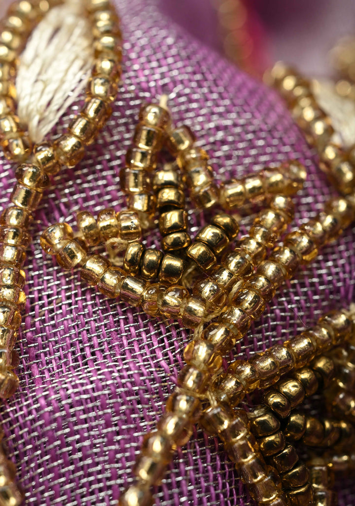 Hand Embroidery Beadwork on Tissue Linen Saree in Lavender with Silver Tissue