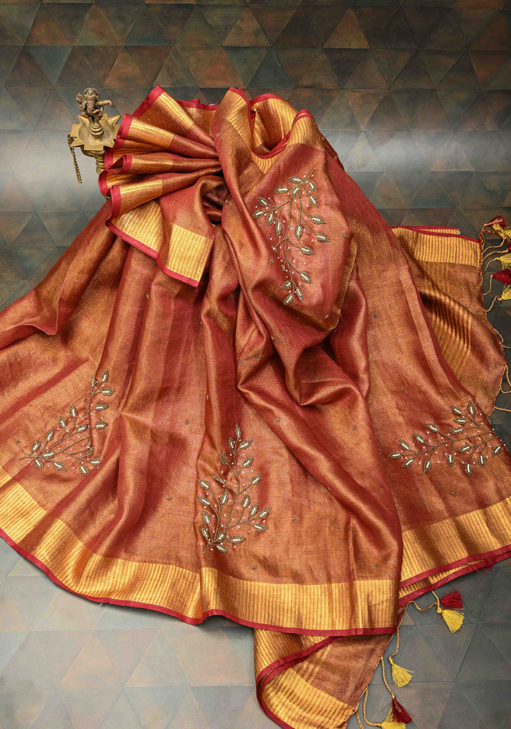 Golden Tissue Linen Saree in Reddish-Brown with Bead Embellishments