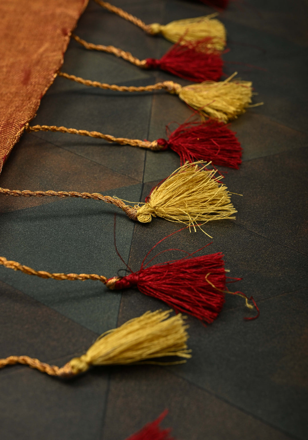 Golden Tissue Linen Saree in Reddish-Brown with Bead Embellishments