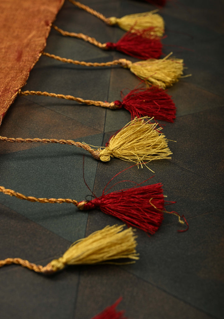Golden Tissue Linen Saree in Reddish-Brown with Bead Embellishments
