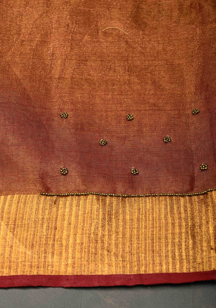 Golden Tissue Linen Saree in Reddish-Brown with Bead Embellishments