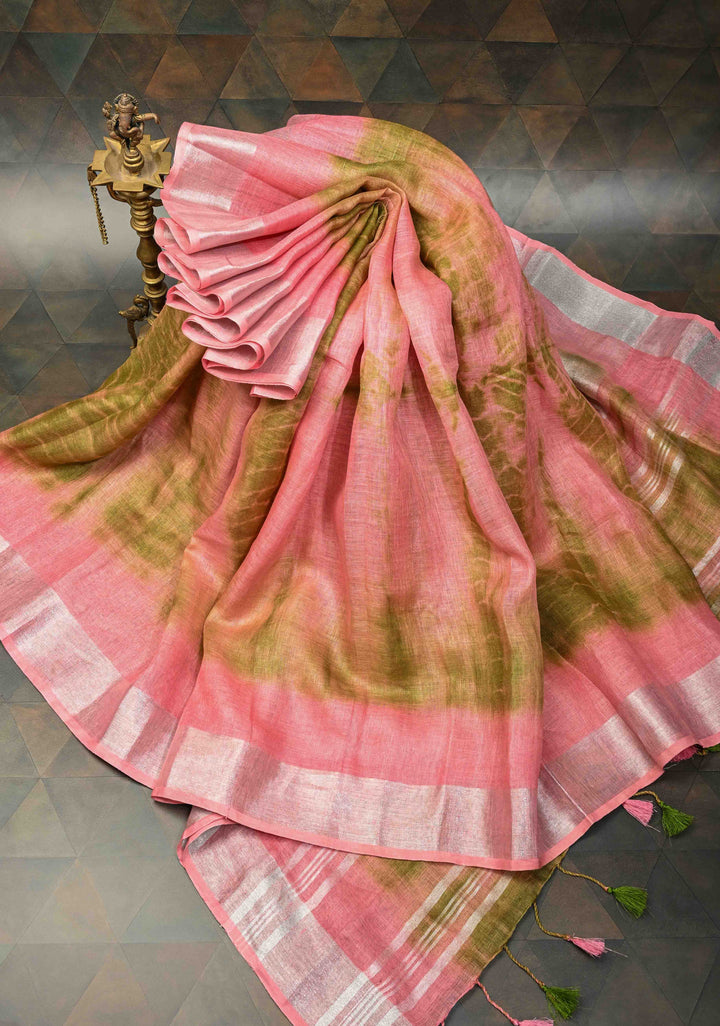 Shibori in Pink & Green on Linen by Linen Saree with Silver Zari Border