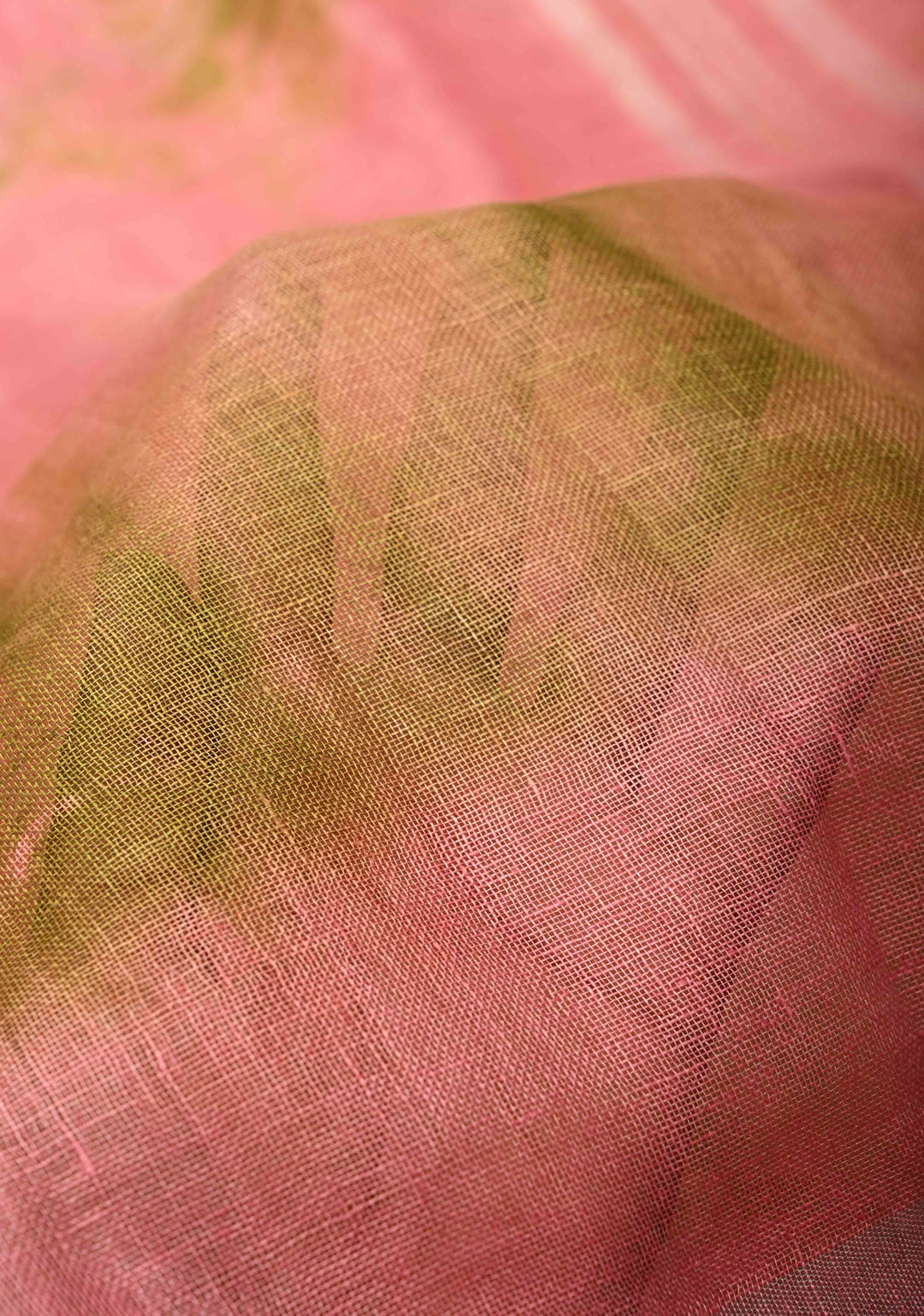 Shibori in Pink & Green on Linen by Linen Saree with Silver Zari Border