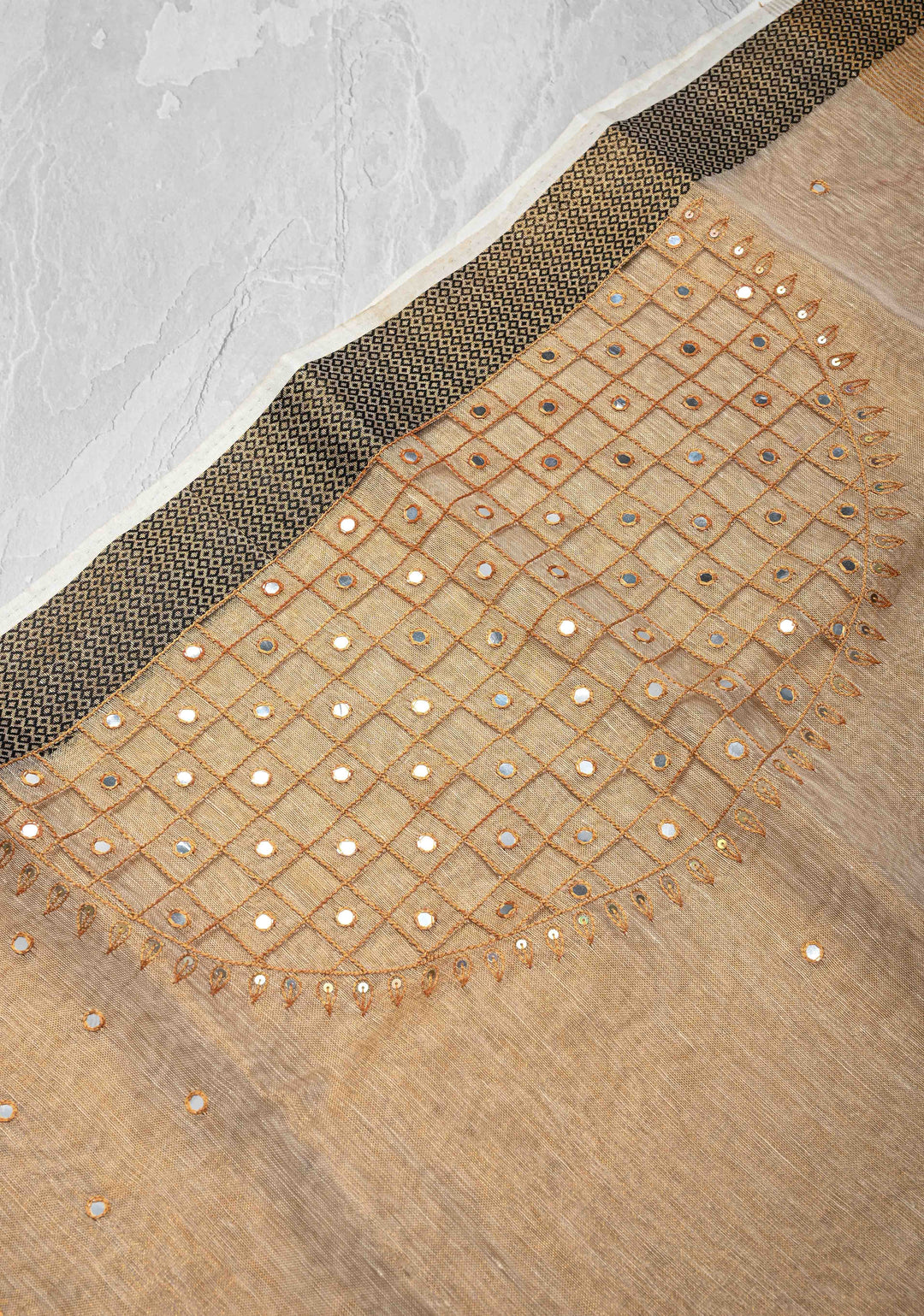 Beige Cutwork and Mirror Work on Tissue Linen Saree with Zari Border