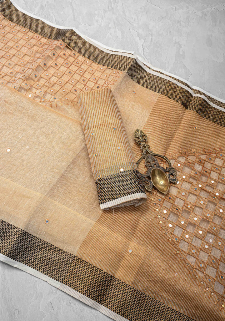 Beige Cutwork and Mirror Work on Tissue Linen Saree with Zari Border