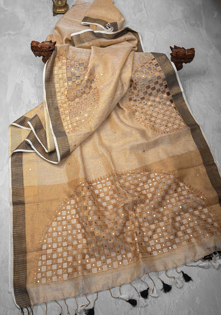 Beige Cutwork and Mirror Work on Tissue Linen Saree with Zari Border