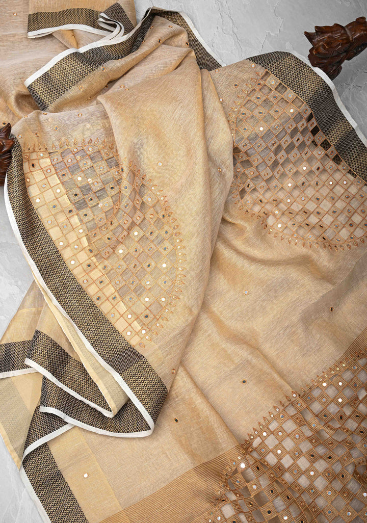 Beige Cutwork and Mirror Work on Tissue Linen Saree with Zari Border