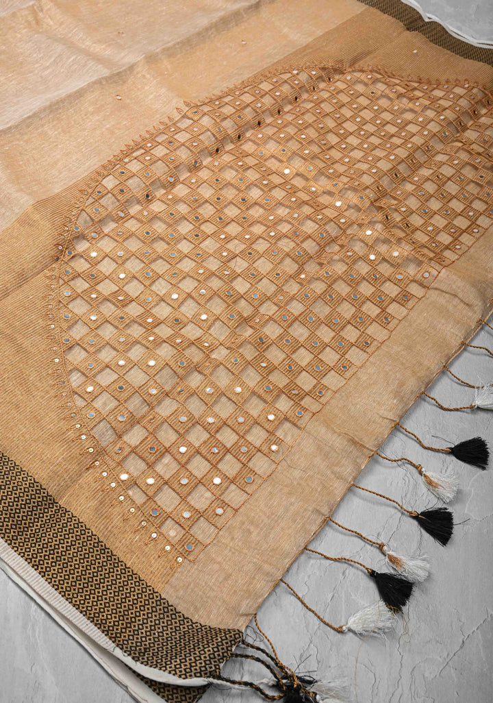 Beige Cutwork and Mirror Work on Tissue Linen Saree with Zari Border
